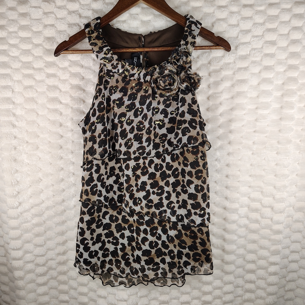 Iz Byer Leopard Print Ruffle Sleeveless Shirt With Gold Flecks Women's Size Lg